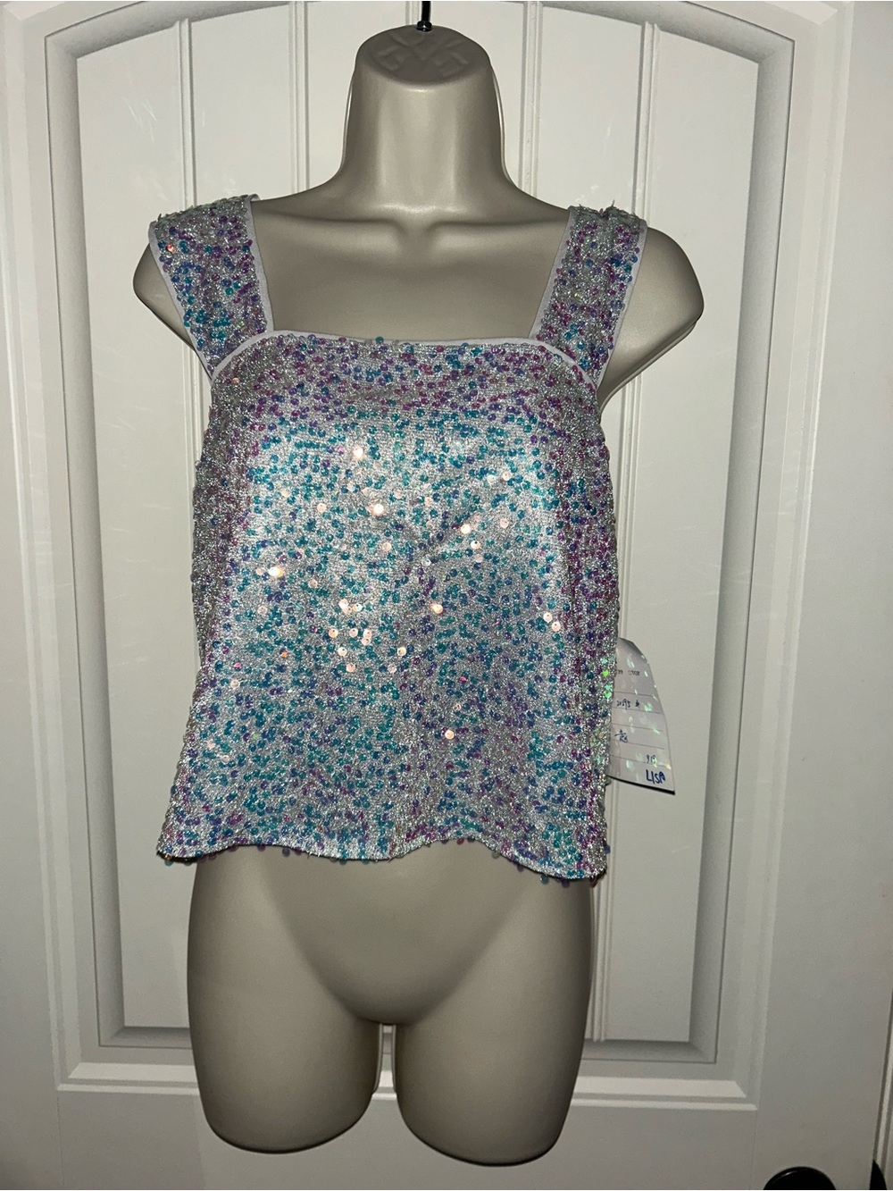 NEW Lush Sequin Square-Neck Crop Tank Top - Iridescent Blue/Purple X Back Sz S